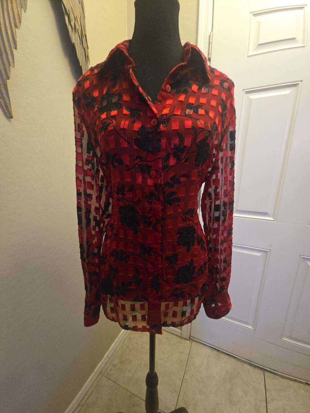 Notations Red Black Floral Sheer Checkered Button-Up Blouse Women's L